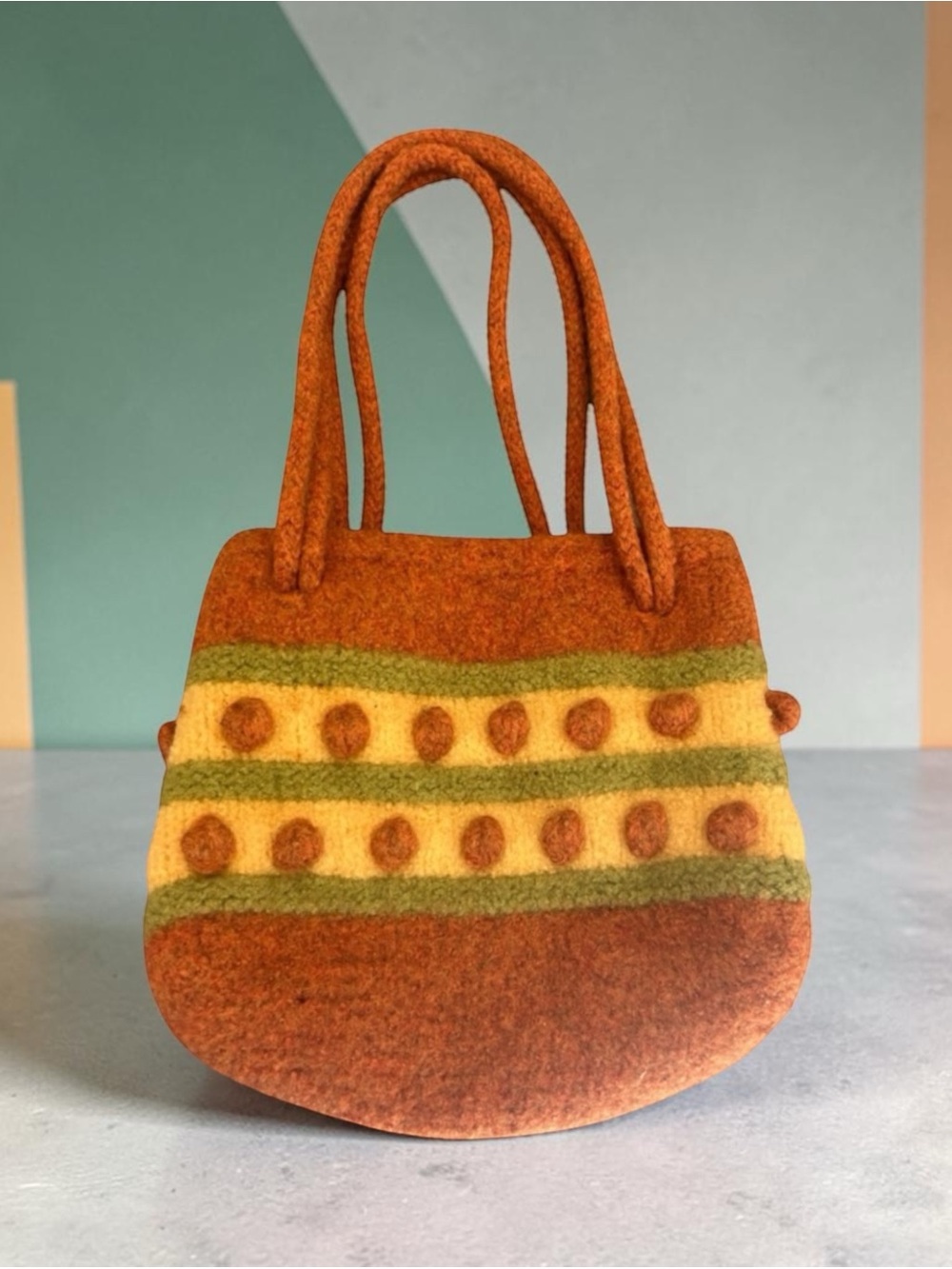 Artisan Orange Felt Tote with Green and Cream Stripes